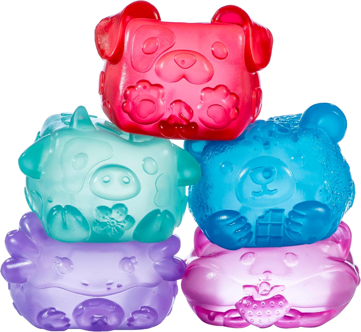 Five colorful, translucent animal-shaped toys stacked together, featuring a dog, pig, bear, and other creatures.