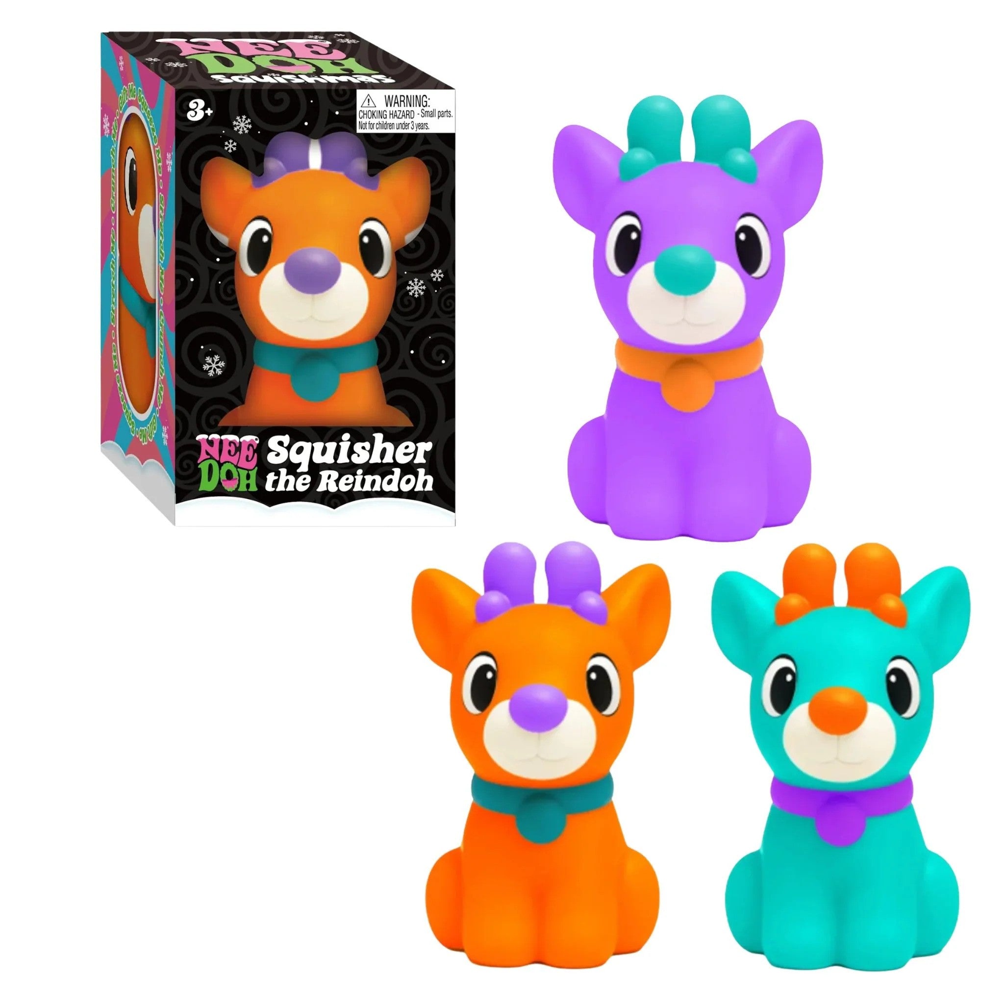 Three colorful reindeer fidget toys in purple, orange, and teal next to a decorative black holiday box.