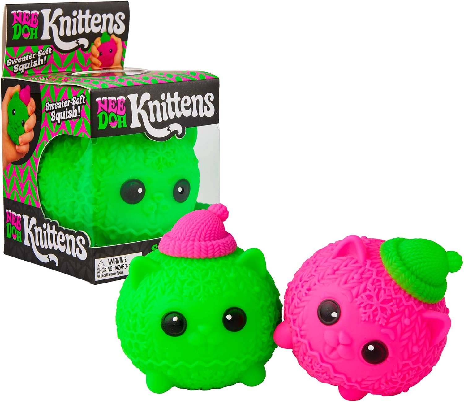 Neon green and pink cat-shaped squishy toys with knitted-pattern textures and small hats next to the product box.