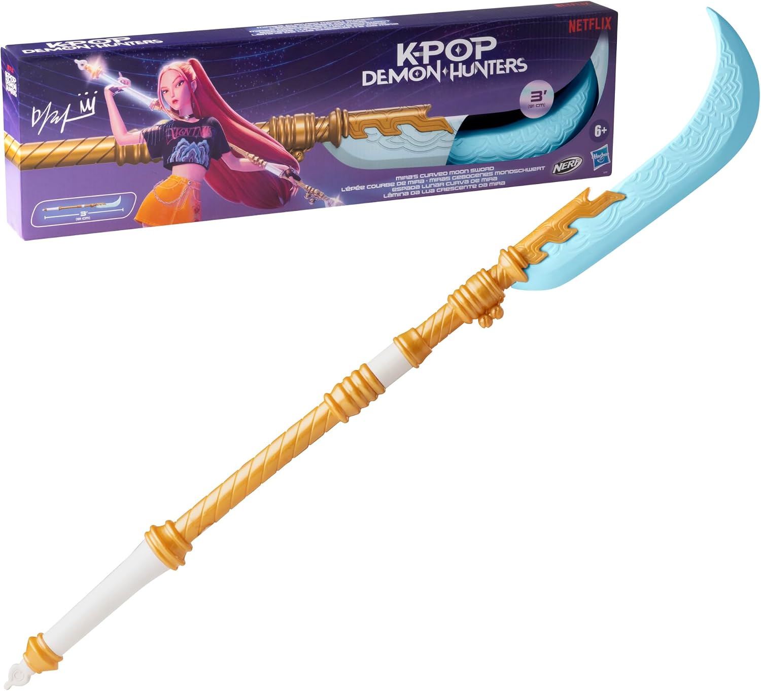 Long blue foam sword with a gold handle and Netflix K-Pop Demon Hunters packaging featuring character Mira.