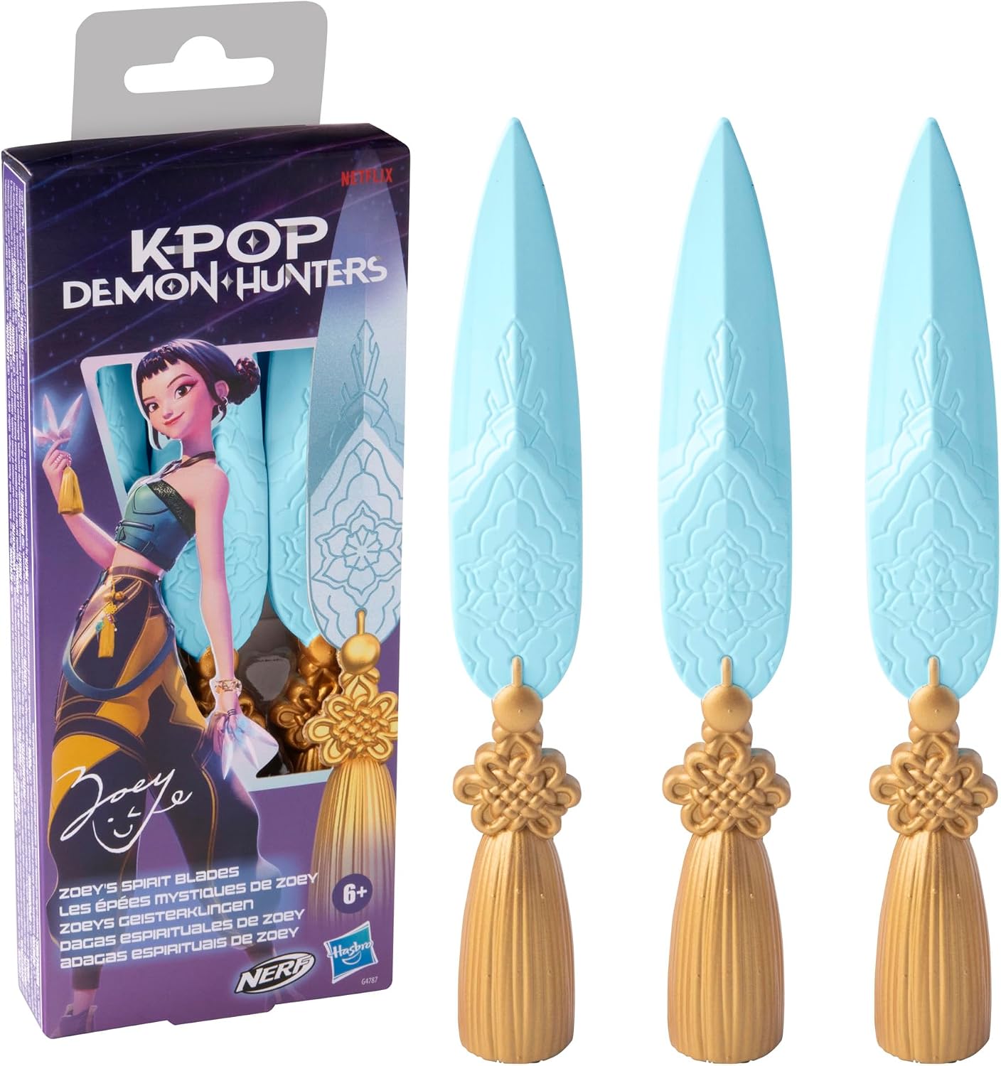 Three light blue foam blades with gold hilts and tassels next to K-Pop Demon Hunters packaging featuring Zoey.