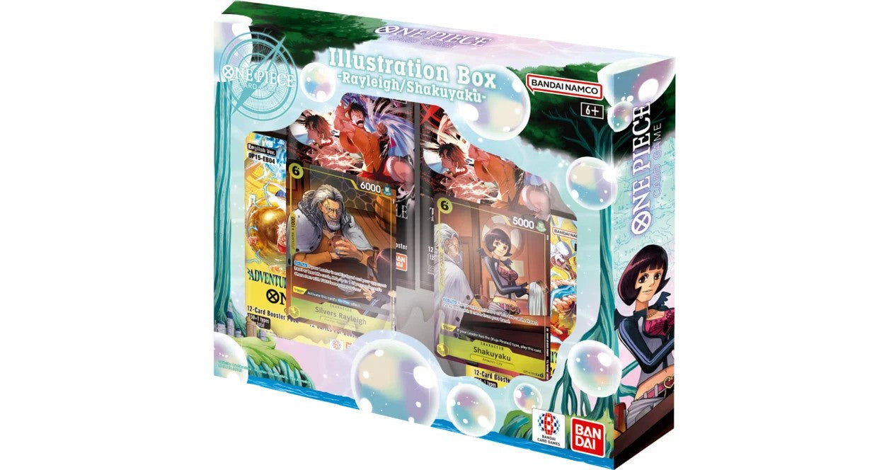 One Piece Card Game box featuring Rayleigh and Shakuyaku cards, decorated with bubbles and blue sea patterns.