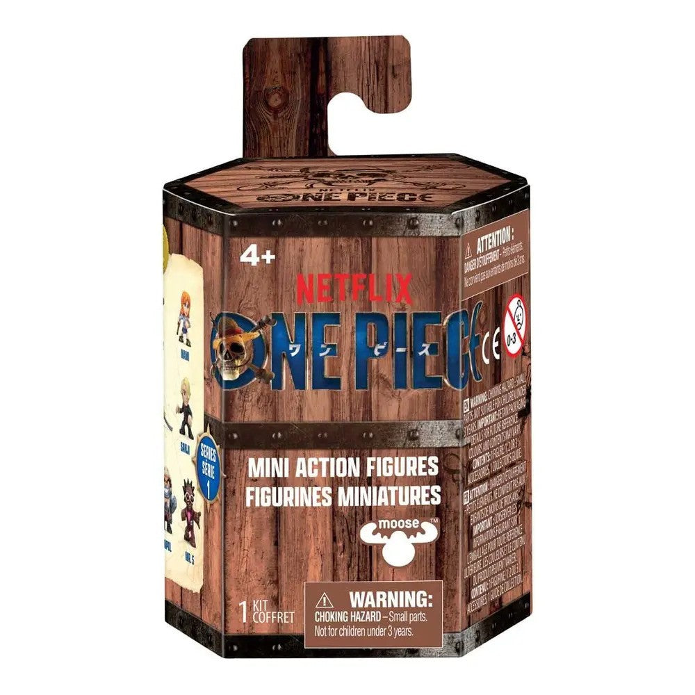 A hexagonal wooden-crate styled box for Netflix One Piece Mini Action Figures featuring Series 1 character art.