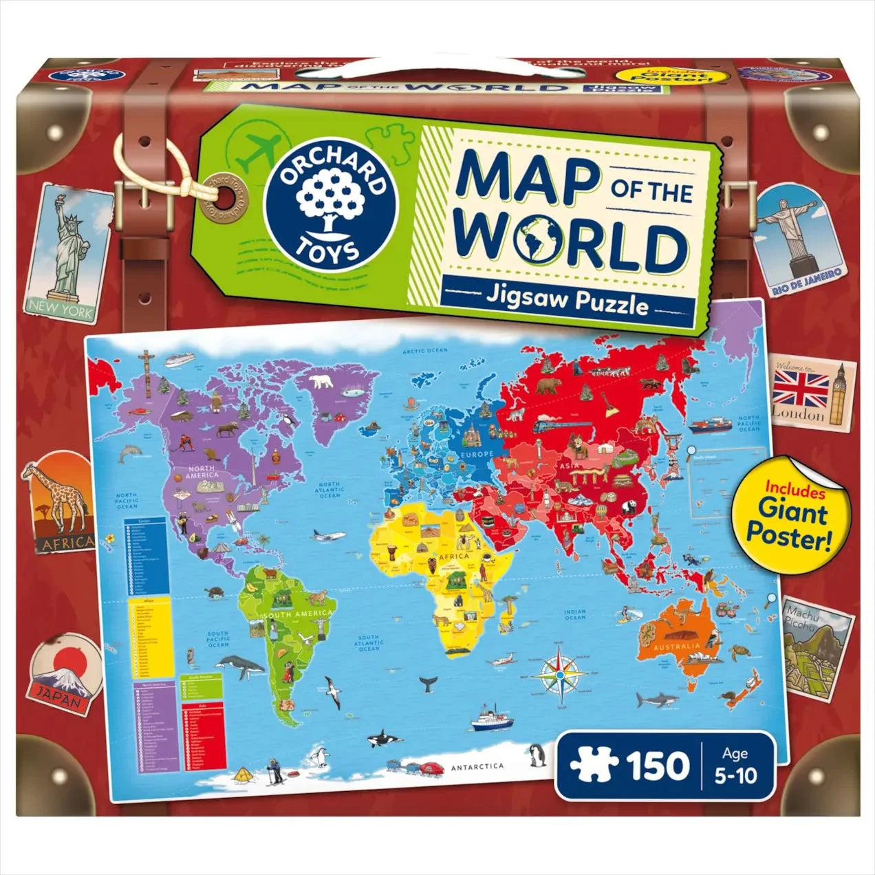 Green suitcase-style box showing a colorful illustrated world map puzzle with 150 pieces and a giant poster.