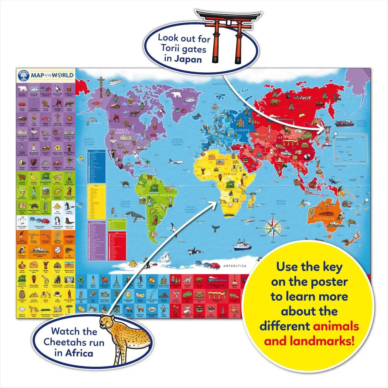 Colorful illustrated world map poster with animal icons, color-coded continents, and educational callouts.