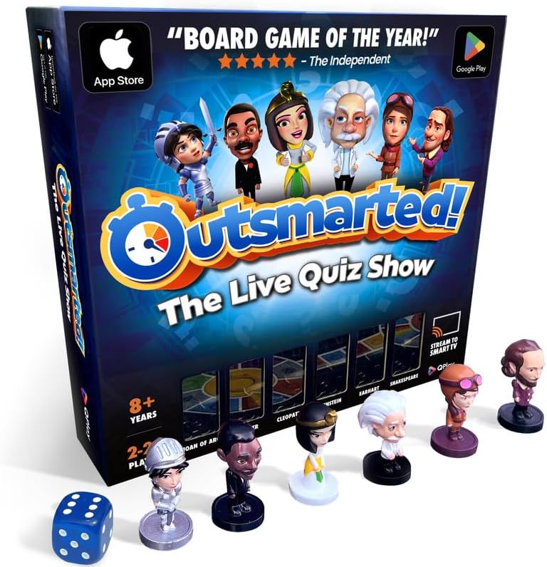 Outsmarted board game box featuring historical character figurines and a blue die on a white background.