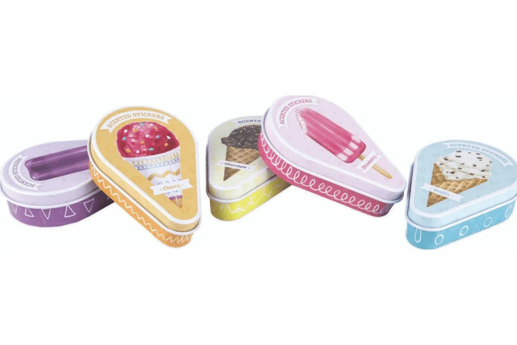 Five colorful teardrop-shaped metal tins featuring various ice cream illustrations and the text Scented Stickers.