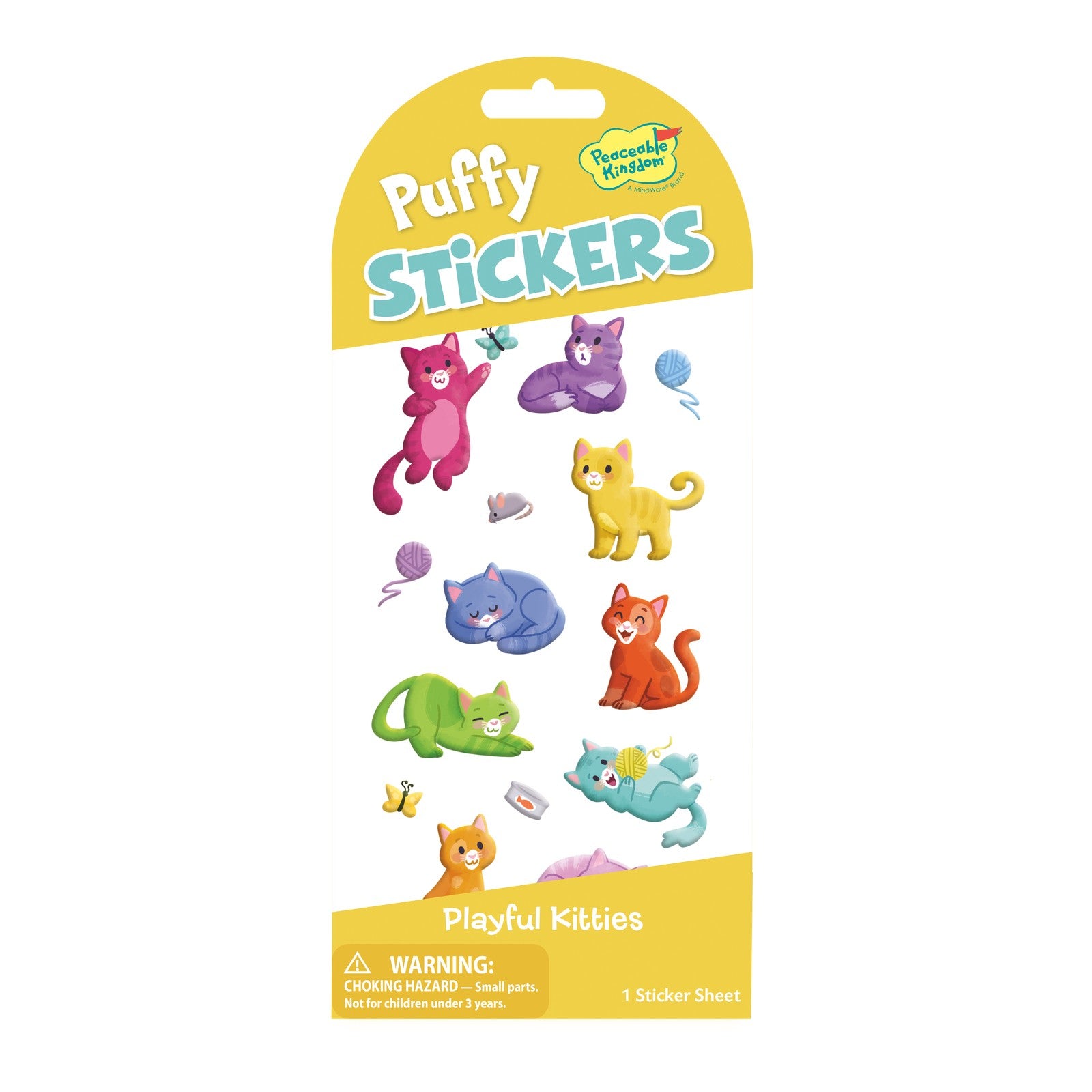 Peaceable Kingdom Playful Kitties puffy sticker sheet with colorful illustrated cats, yarn balls, and butterflies.