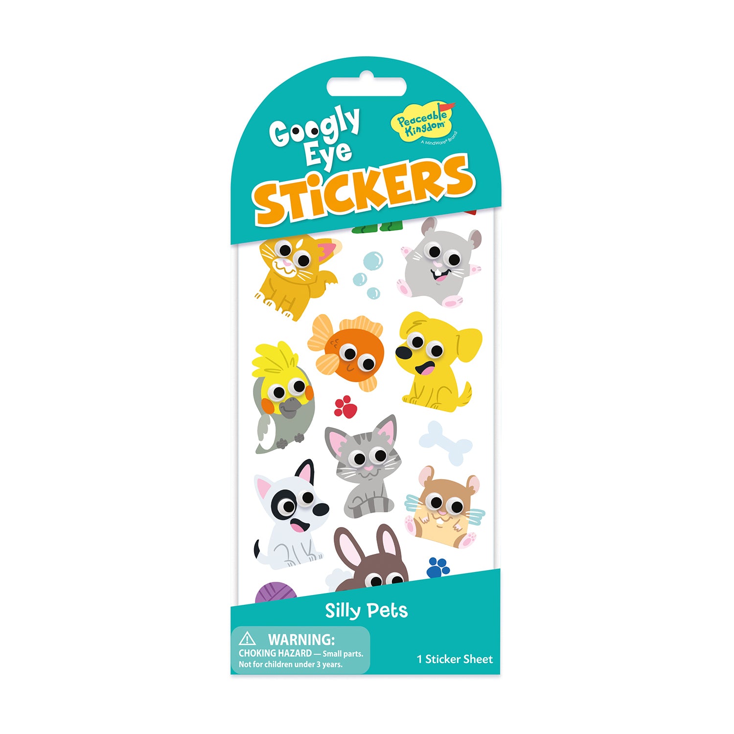 Peaceable Kingdom Silly Pets sticker sheet featuring colorful cartoon animals with movable plastic googly eyes.