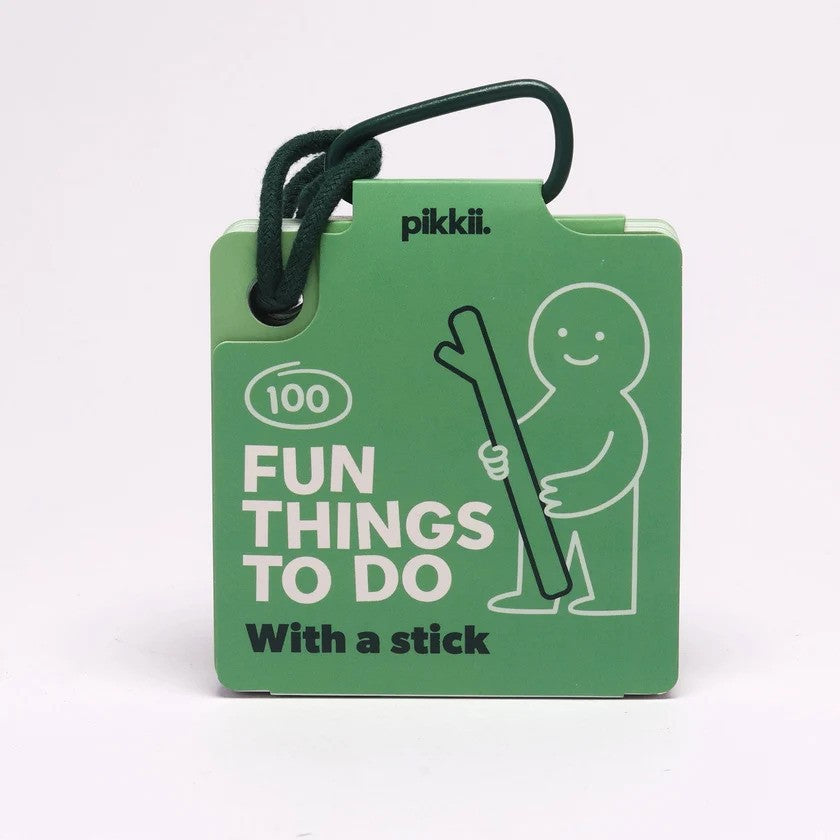A set of green square activity cards titled 100 Fun Things To Do With a stick, featuring a stick figure illustration.