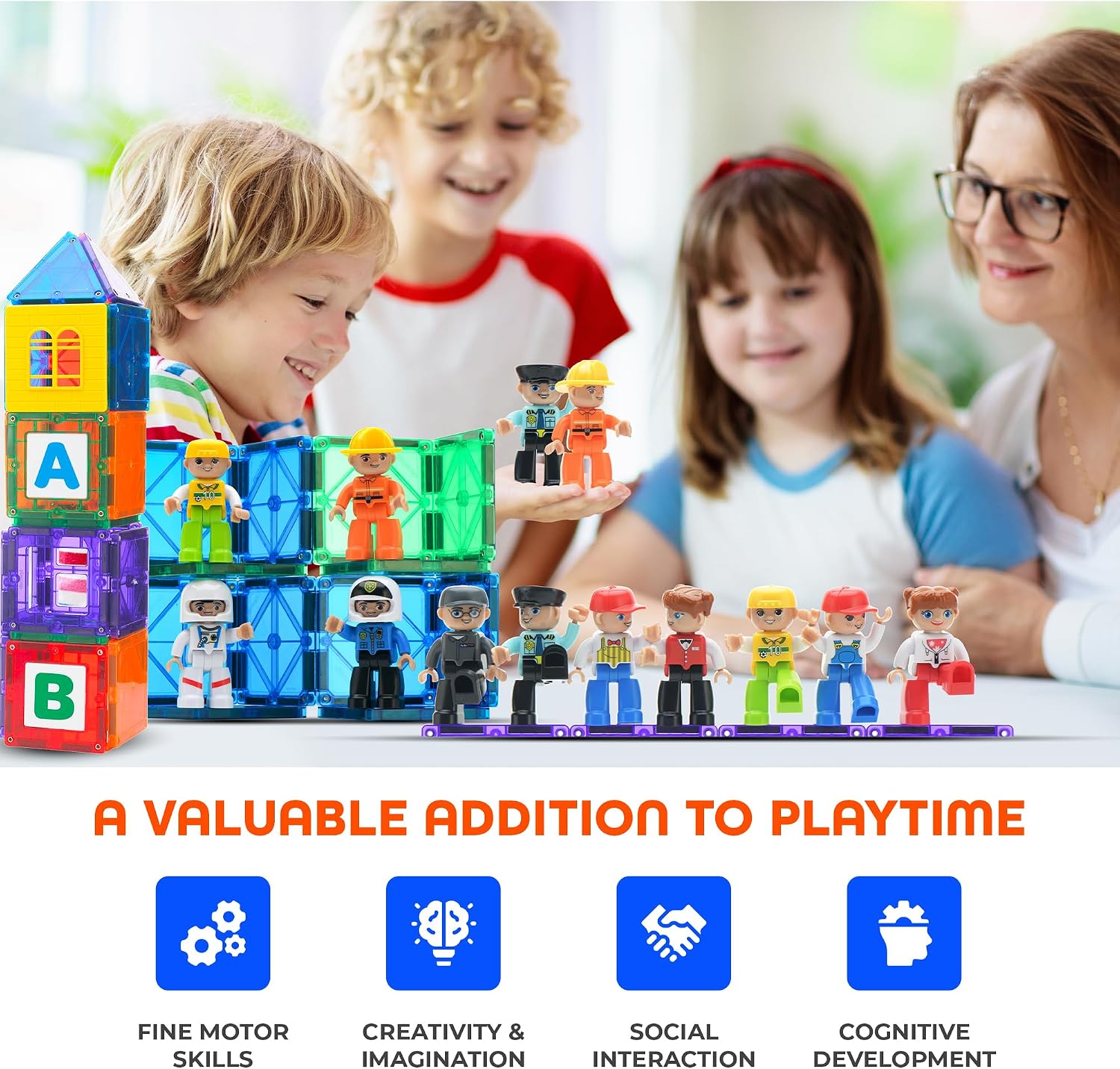 Playmags Large Magnetic Figures Community Set, 15 Pieces, 7.6 cm Toy People, Magnetic Toy Building Blocks