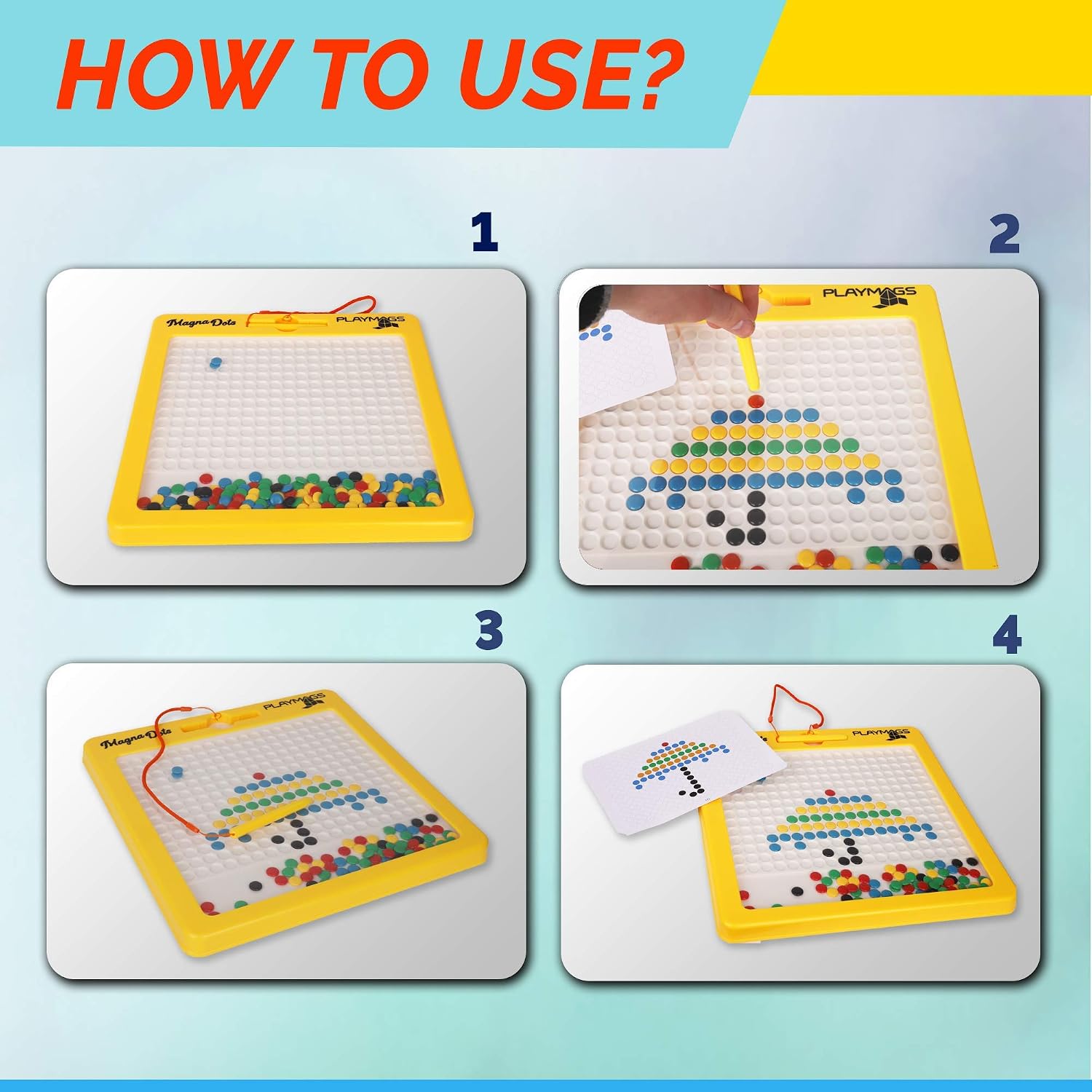 Four steps show using a magnetic stylus to move colorful dots on a yellow board to create a mosaic umbrella design.