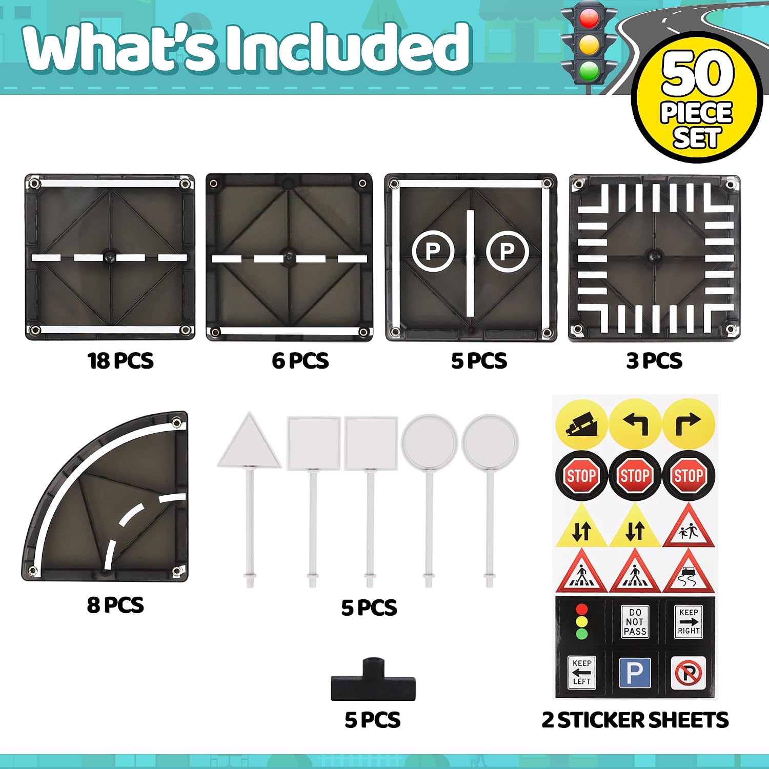 Playmags Magnetic Tiles Road Set, 50 Pcs STEM Educational Construction Toy Car Track,