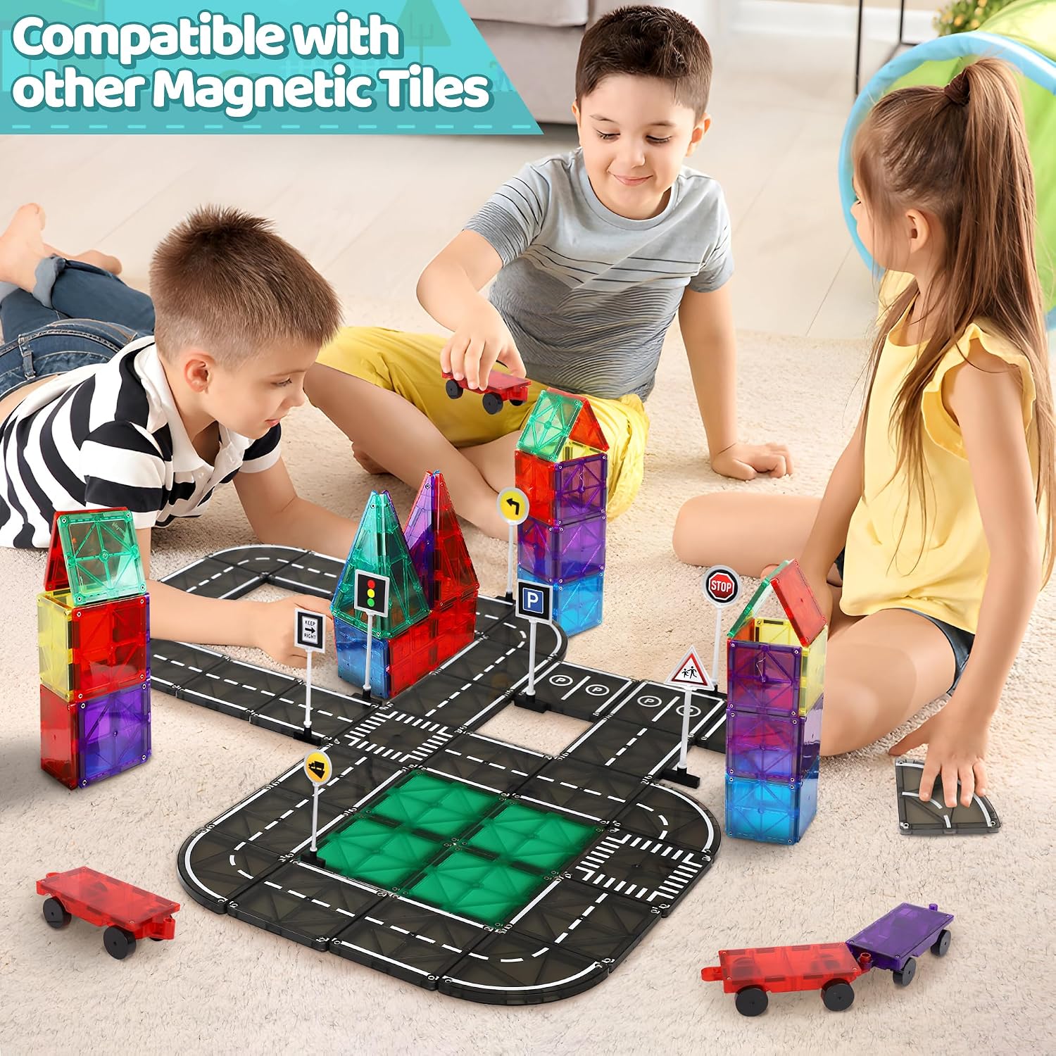 Playmags Magnetic Tiles Road Set, 50 Pcs STEM Educational Construction Toy Car Track,