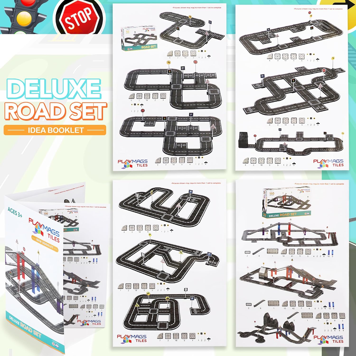 Playmags Magnetic Tiles Road Set, 50 Pcs STEM Educational Construction Toy Car Track,