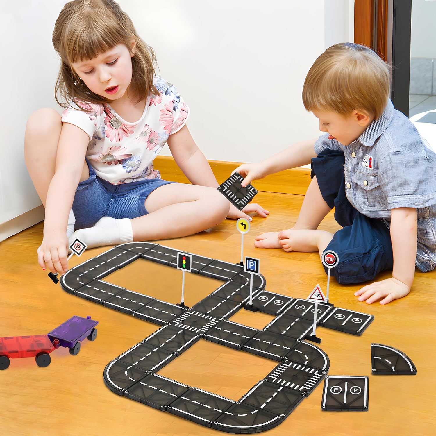 Playmags Magnetic Tiles Road Set, 50 Pcs STEM Educational Construction Toy Car Track,
