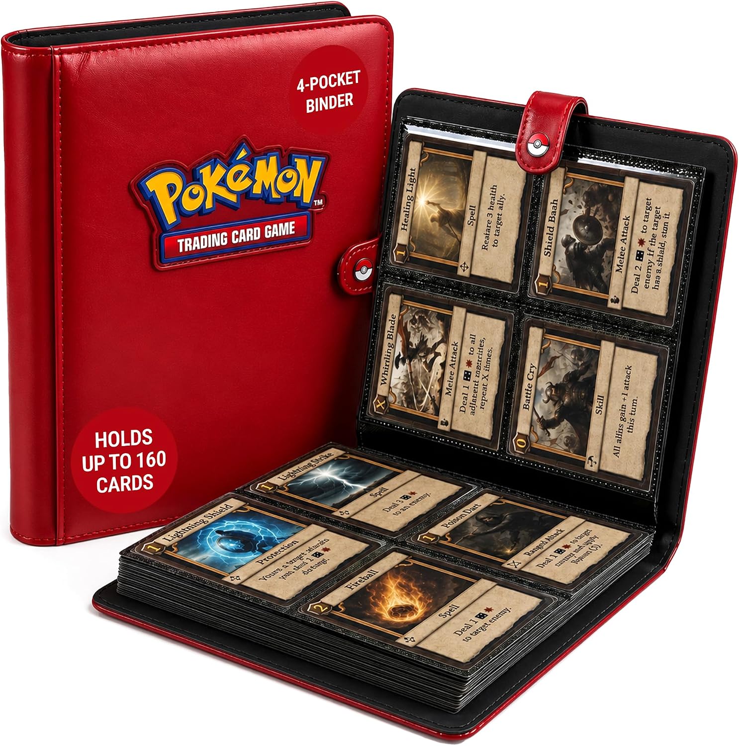 Red Pokémon 4-pocket card binder with Poké Ball snap button, holding trading cards in clear internal sleeves.