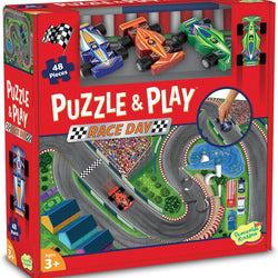 Puzzle & Play: Race Day - Floor Jigsaw Puzzle - Includes 3 Wooden Vehicles