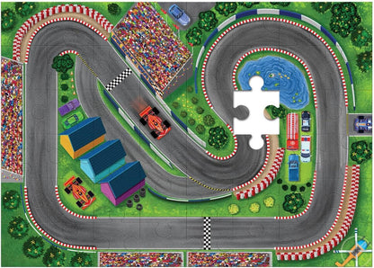 Puzzle & Play: Race Day - Floor Jigsaw Puzzle - Includes 3 Wooden Vehicles