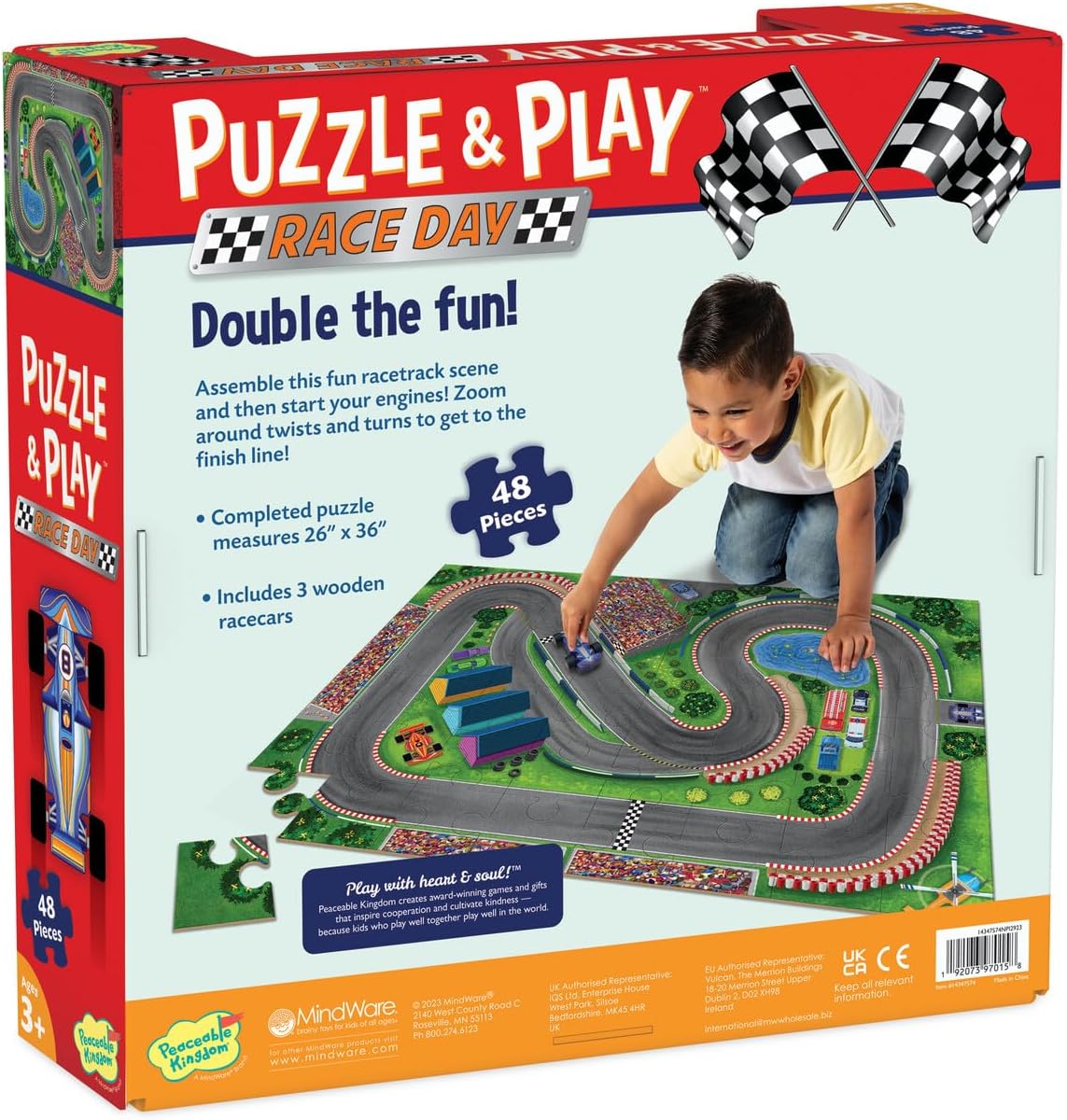 Puzzle & Play: Race Day - Floor Jigsaw Puzzle - Includes 3 Wooden Vehi