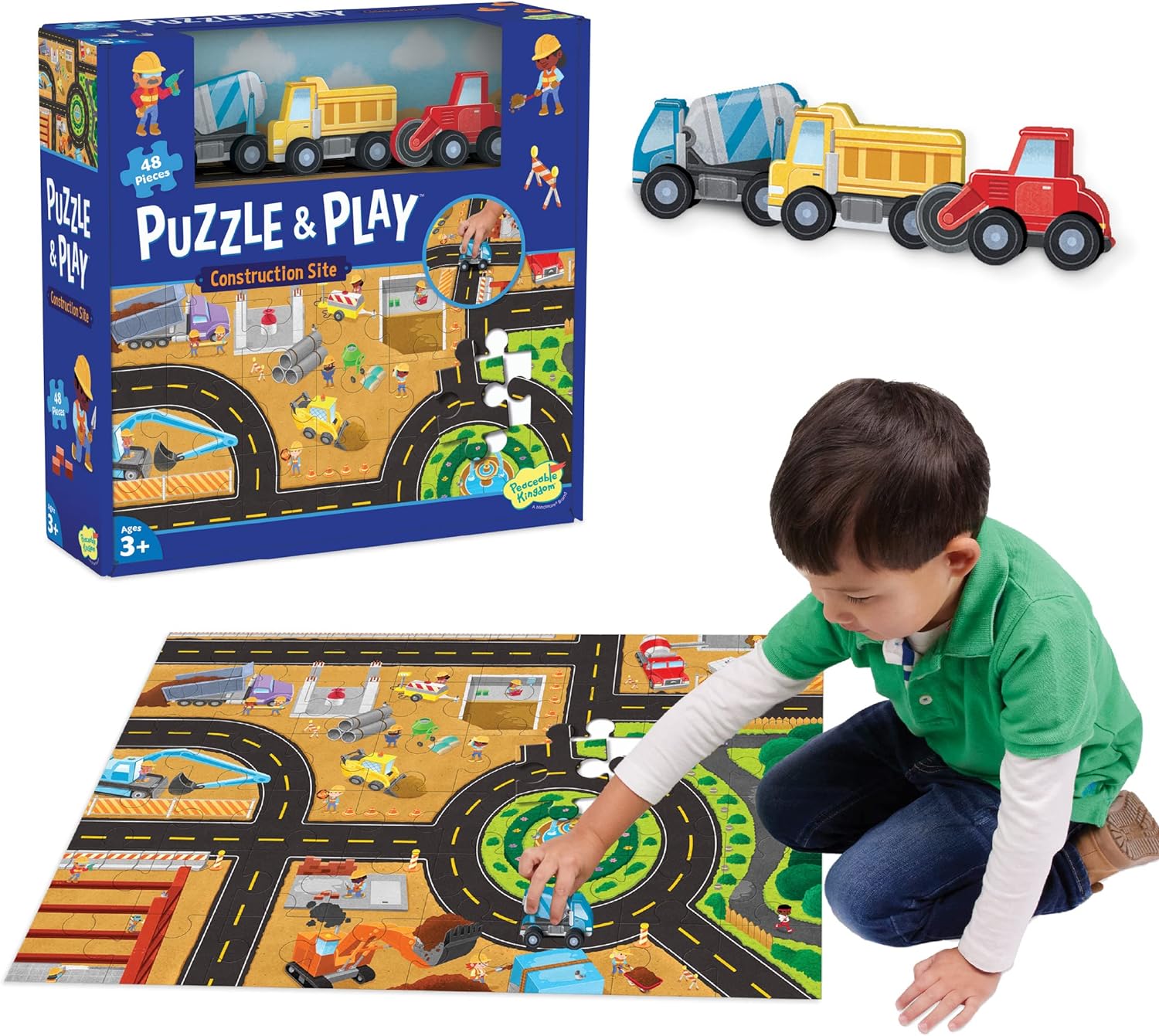 Puzzle & Play: Construction Site - Floor Jigsaw Puzzle - Includes 3 Wooden Construction Vehicles