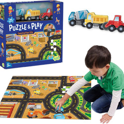 Puzzle & Play: Construction Site - Floor Jigsaw Puzzle - Includes 3 Wooden Construction Vehicles