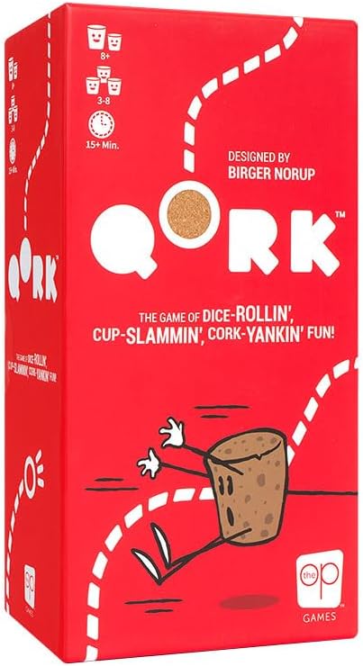 A bright red game box for Qork featuring a cartoon cork character and white dashed path markings.