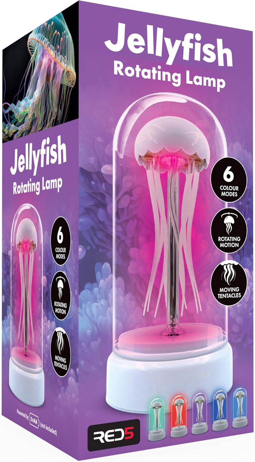Packaging for a Jellyfish Rotating Lamp showing a white jellyfish in a pink-lit dome with icons for 6 color modes.