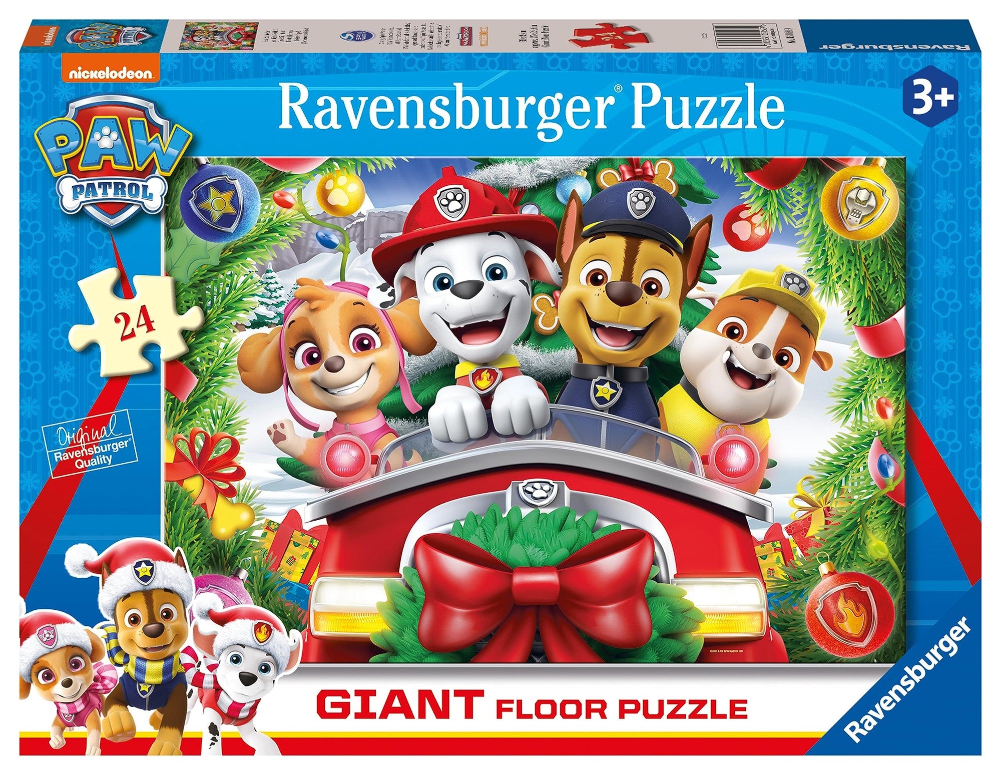 PAW Patrol Christmas giant floor puzzle box showing 24 pieces and pups Skye, Marshall, Chase, and Rubble in Santa hats.