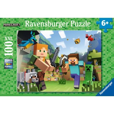 Ravensburger Minecraft 100 piece XXL puzzle box featuring Steve, Alex, and a Creeper in a pixelated landscape.