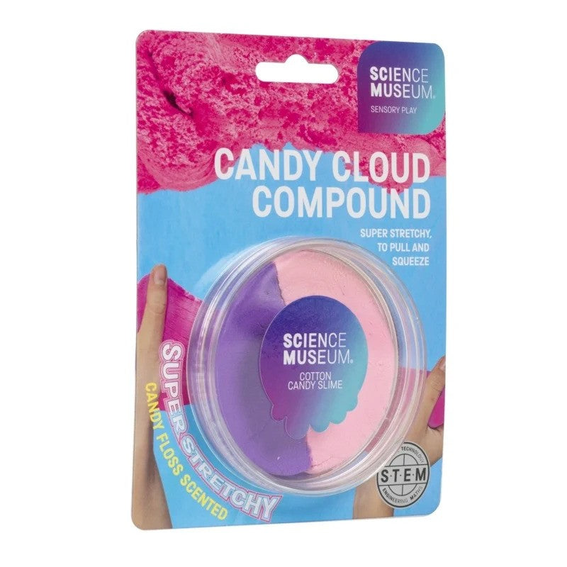 Science Museum Candy Cloud Compound tub containing pink and purple slime on blue and pink card packaging.