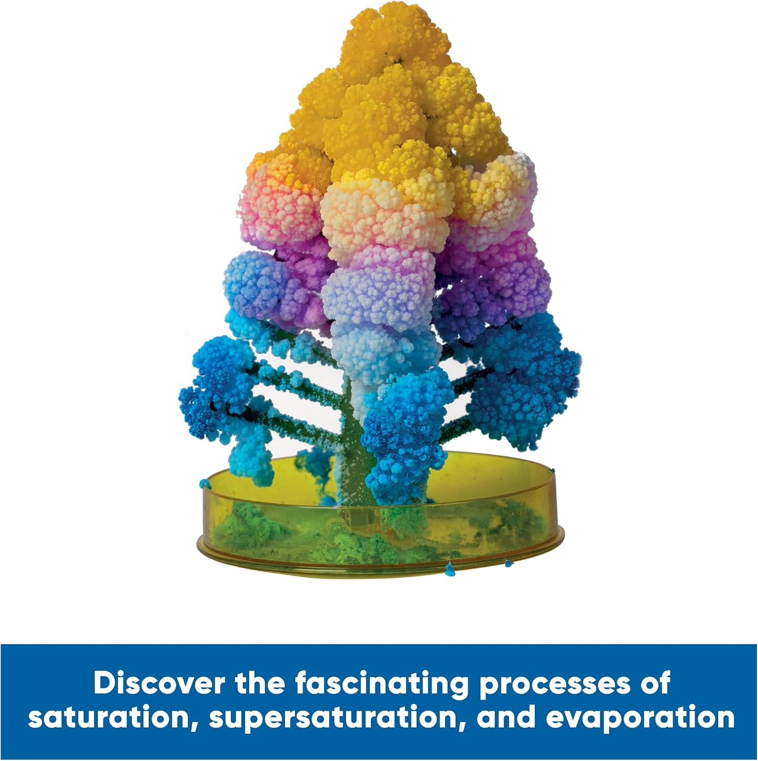 Colorful crystal tree with yellow, pink, purple, and blue clusters growing from a yellow circular dish.