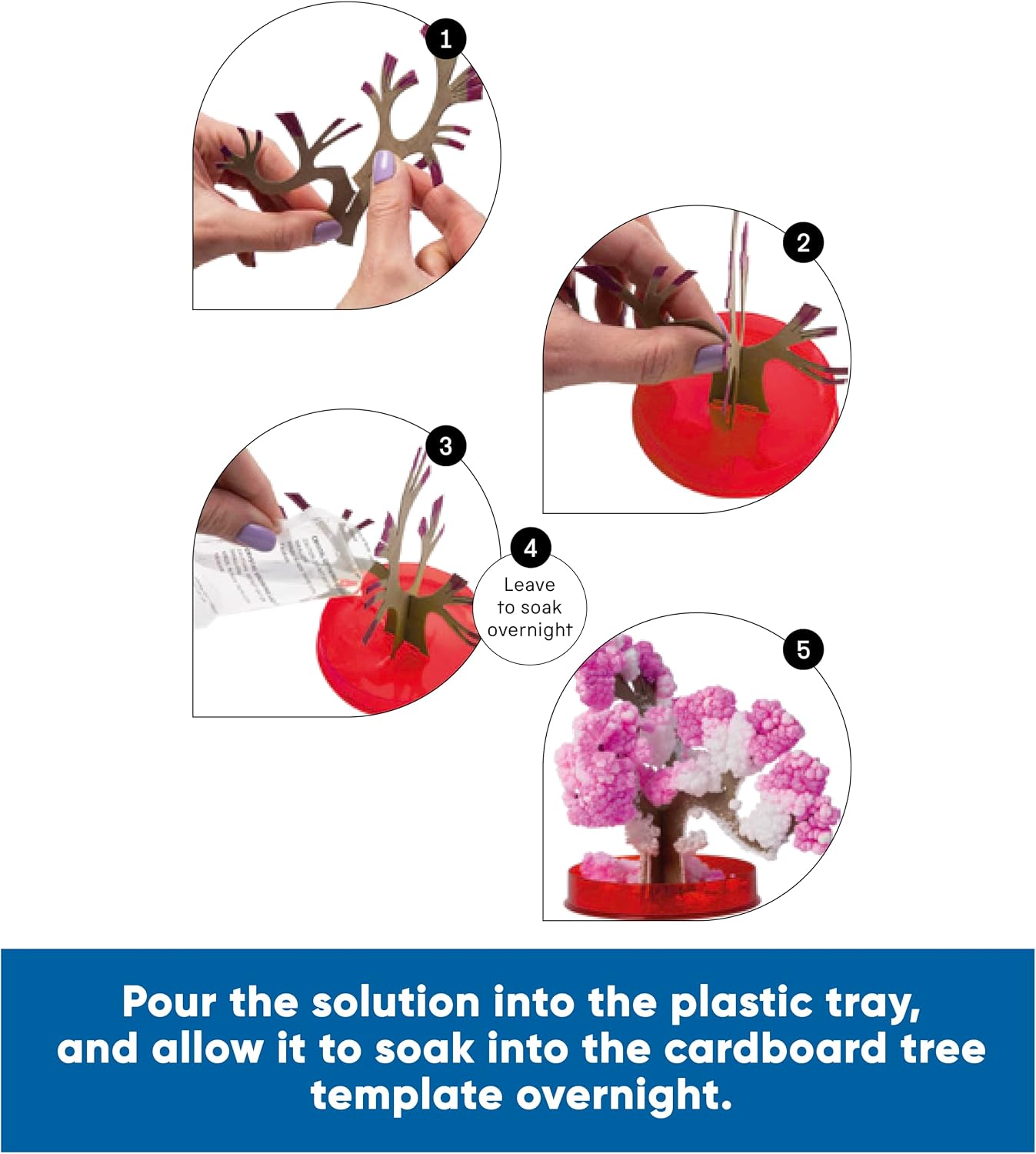 Five steps showing how to assemble a cardboard tree and grow fluffy pink and white crystals in a red tray.