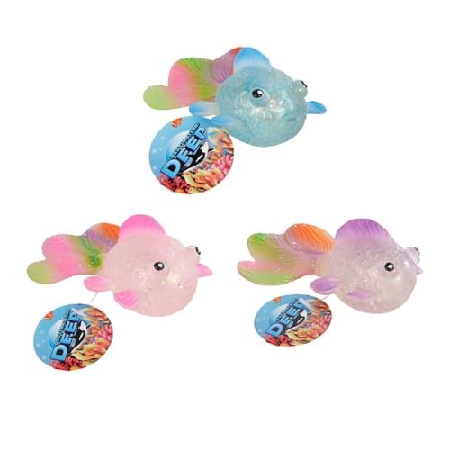 Three squishy toy fish in blue, pink, and white with rainbow fins and textured bead-filled bodies.