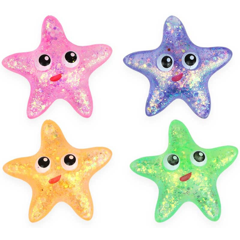 Four translucent glitter-filled starfish toys in pink, purple, orange, and green with large cartoon eyes and smiles.