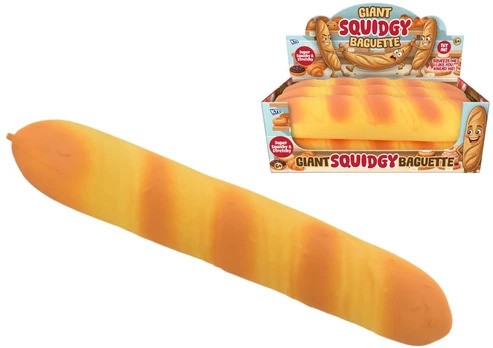 Large yellow and brown squishy baguette toy and packaging box with cartoon bread illustrations.
