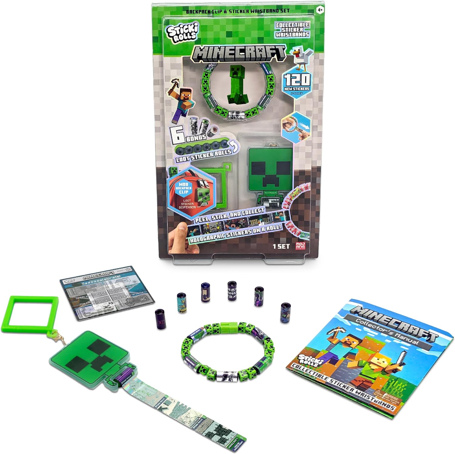 Minecraft Sticki Rolls kit featuring a green Creeper clip, a sticker wristband, individual sticker rolls, and a manual.