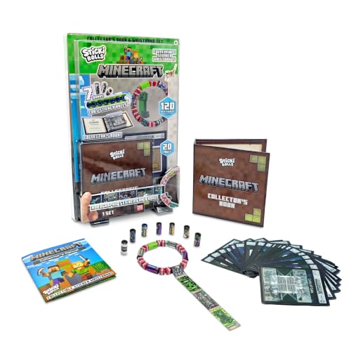 Minecraft Sticki Rolls kit featuring a brown collector's book, a bracelet made of sticker rolls, and loose collector cards.
