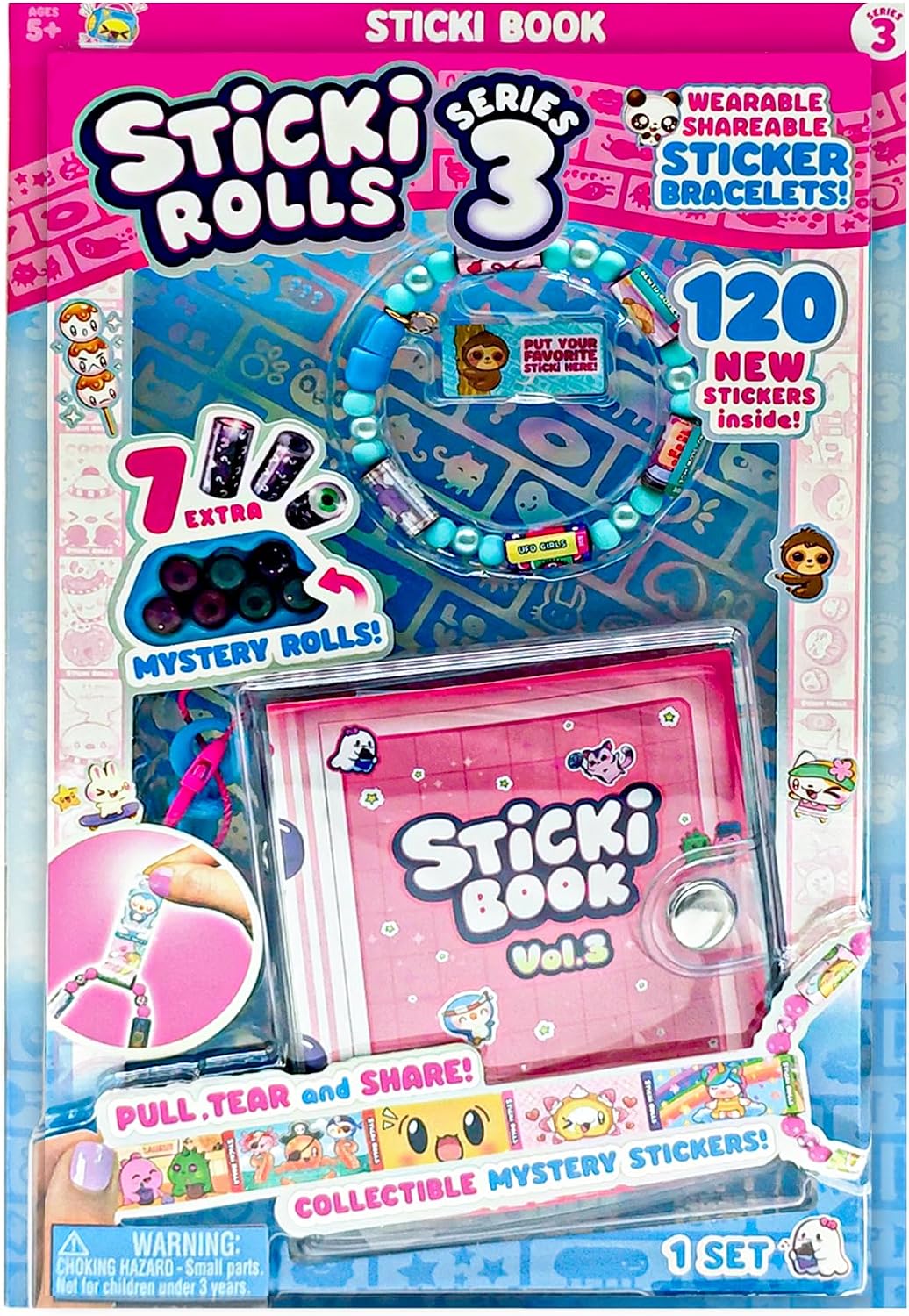 Pink packaging for Sticki Rolls Series 3 featuring a blue bead bracelet and a pink collectible sticker book.