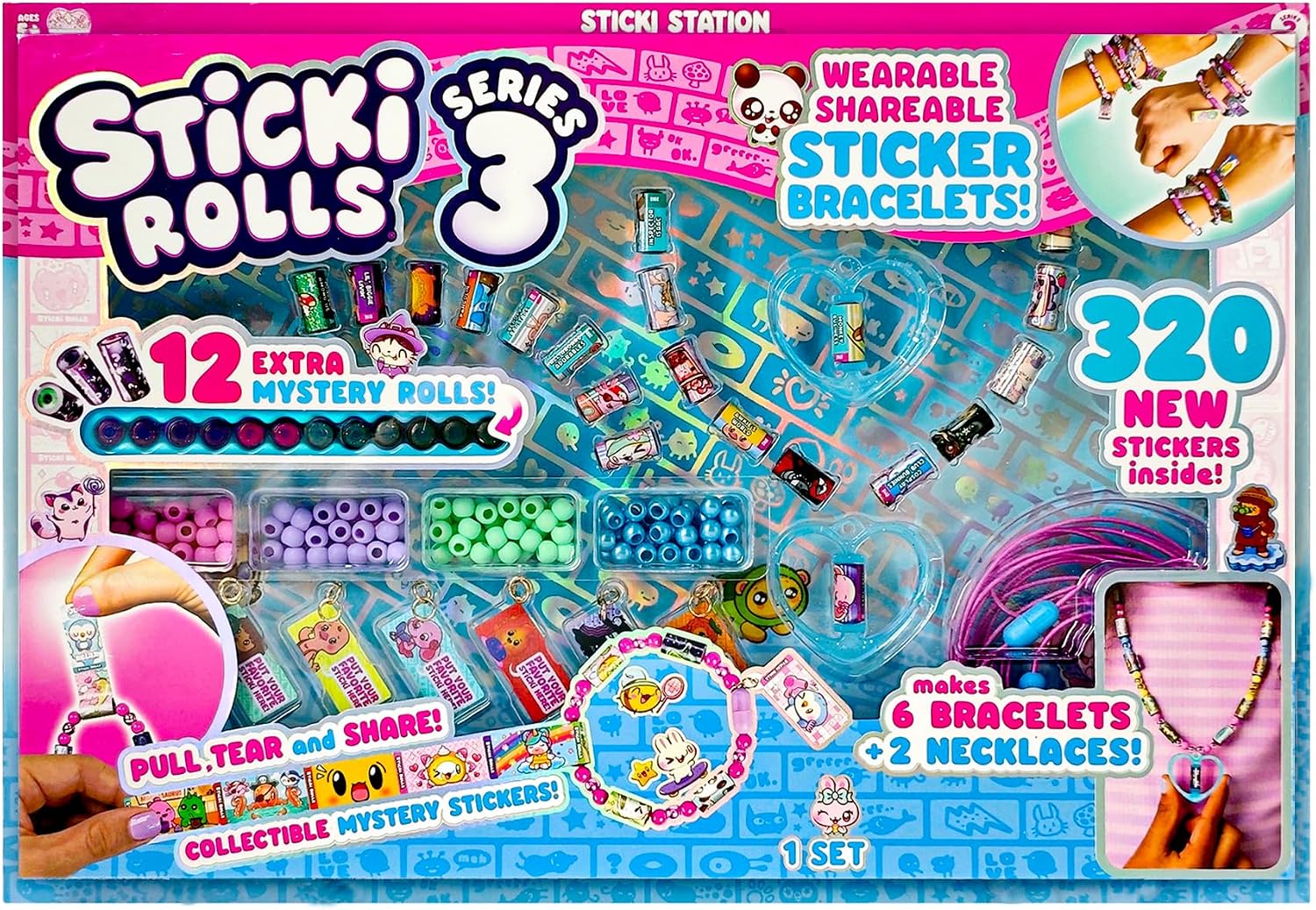 Pink and blue Sticki Rolls Series 3 craft kit box showing sticker rolls, beads, and wearable sticker bracelets.
