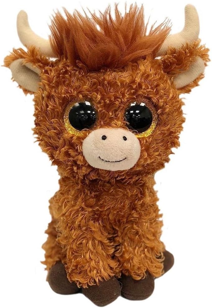 Brown shaggy highland cow plush toy with large gold glittery eyes and beige horns.