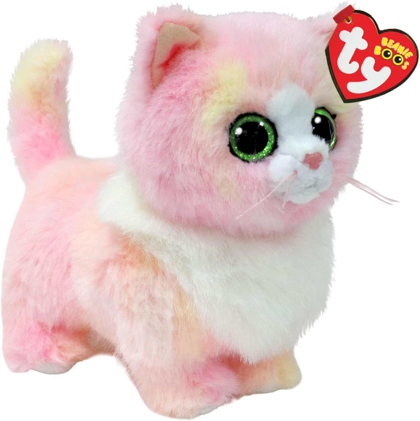 Pink and yellow tie-dye cat plush toy with large green glittery eyes and white fur chest.