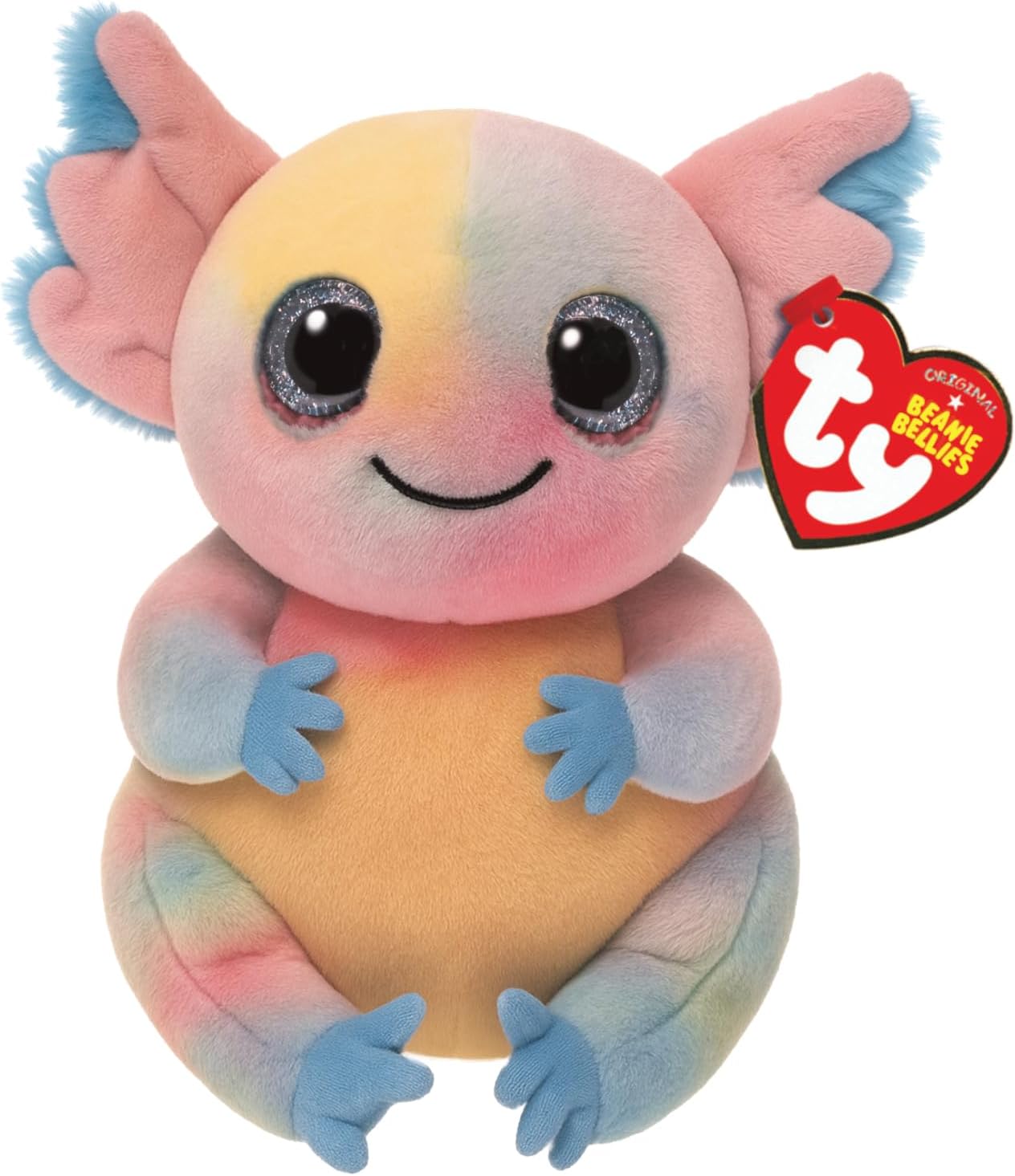 Tie-dye Ty Beanie Bellies axolotl plush with large glitter eyes and blue fuzzy gills against a white background.