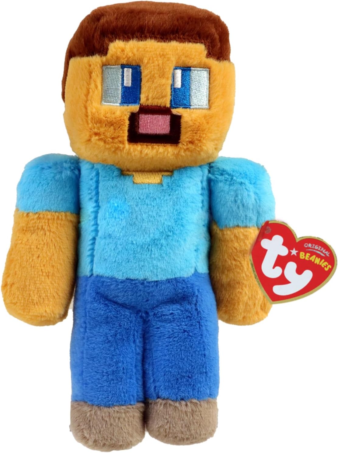 A plush toy of the Minecraft character Steve wearing a blue shirt and holding a red Ty tag.