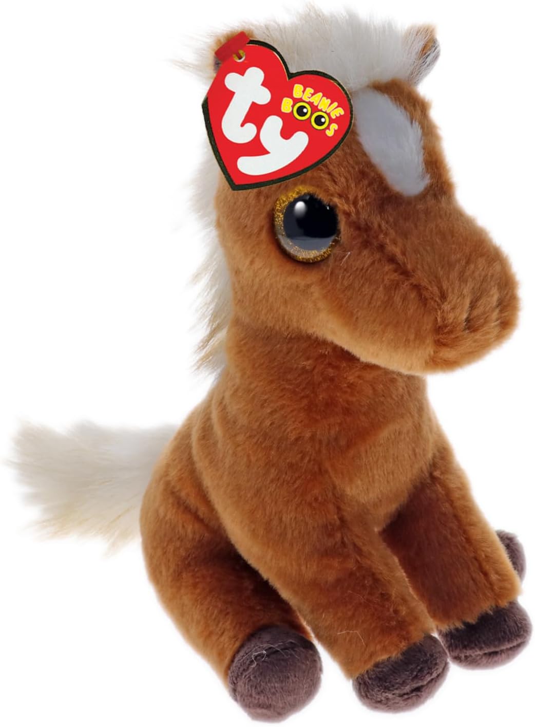 Brown plush horse with large gold glittery eyes, a white mane, and the red Ty Beanie Boos heart tag.