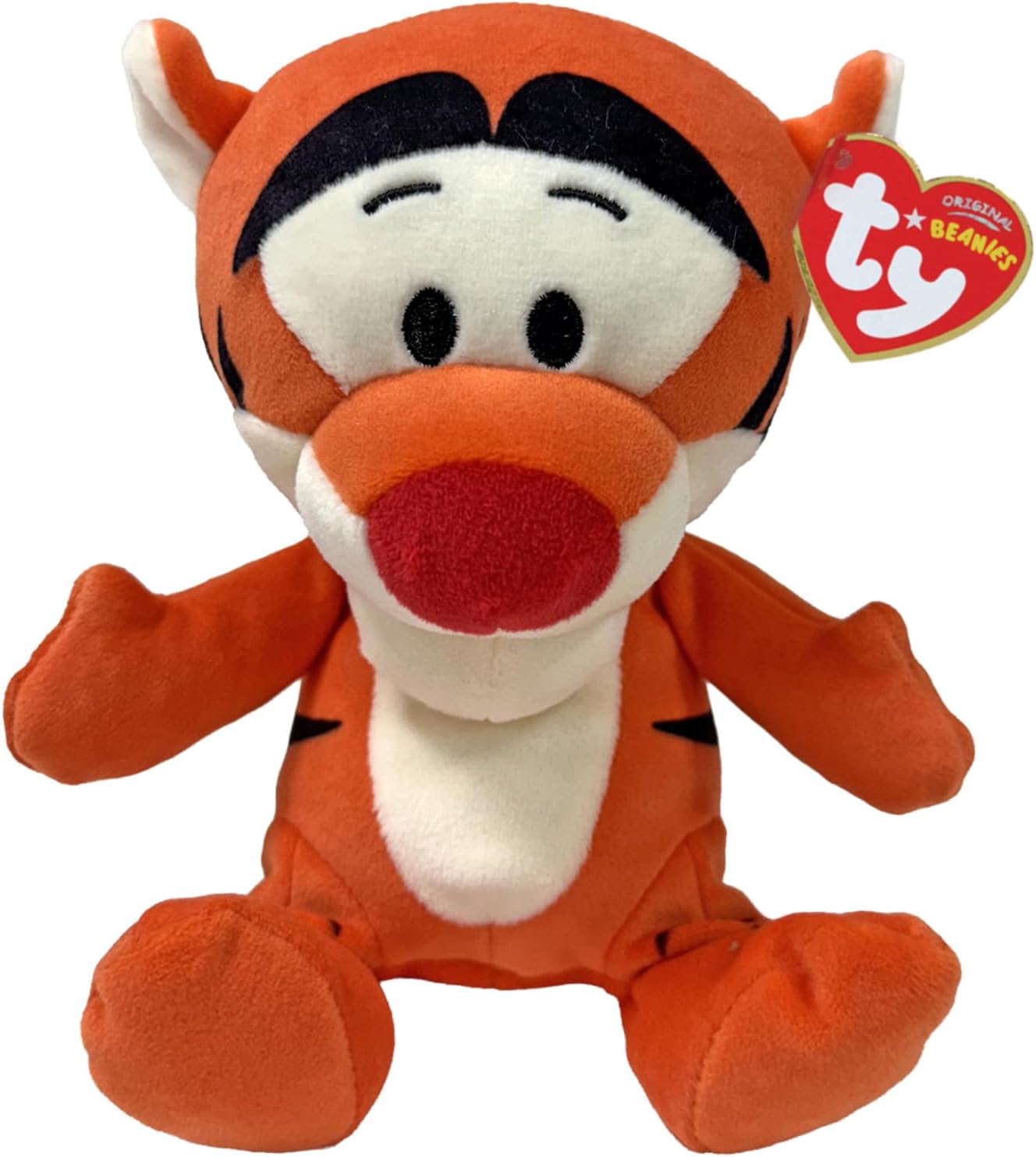 Orange and black striped Tigger plush toy with white face and belly, red nose, and Ty heart tag.