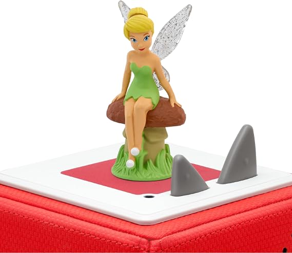 Tinker Bell figurine with glittery wings sitting on a mushroom on a red Toniebox audio player.
