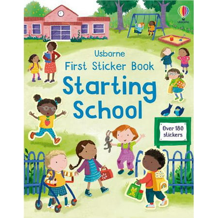 Cover of Usborne First Sticker Book Starting School featuring diverse children in a school playground.