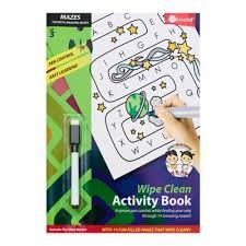 Mazes Wipe Clean Activity Book packaging showing an alphabet maze and an included dry-wipe marker.
