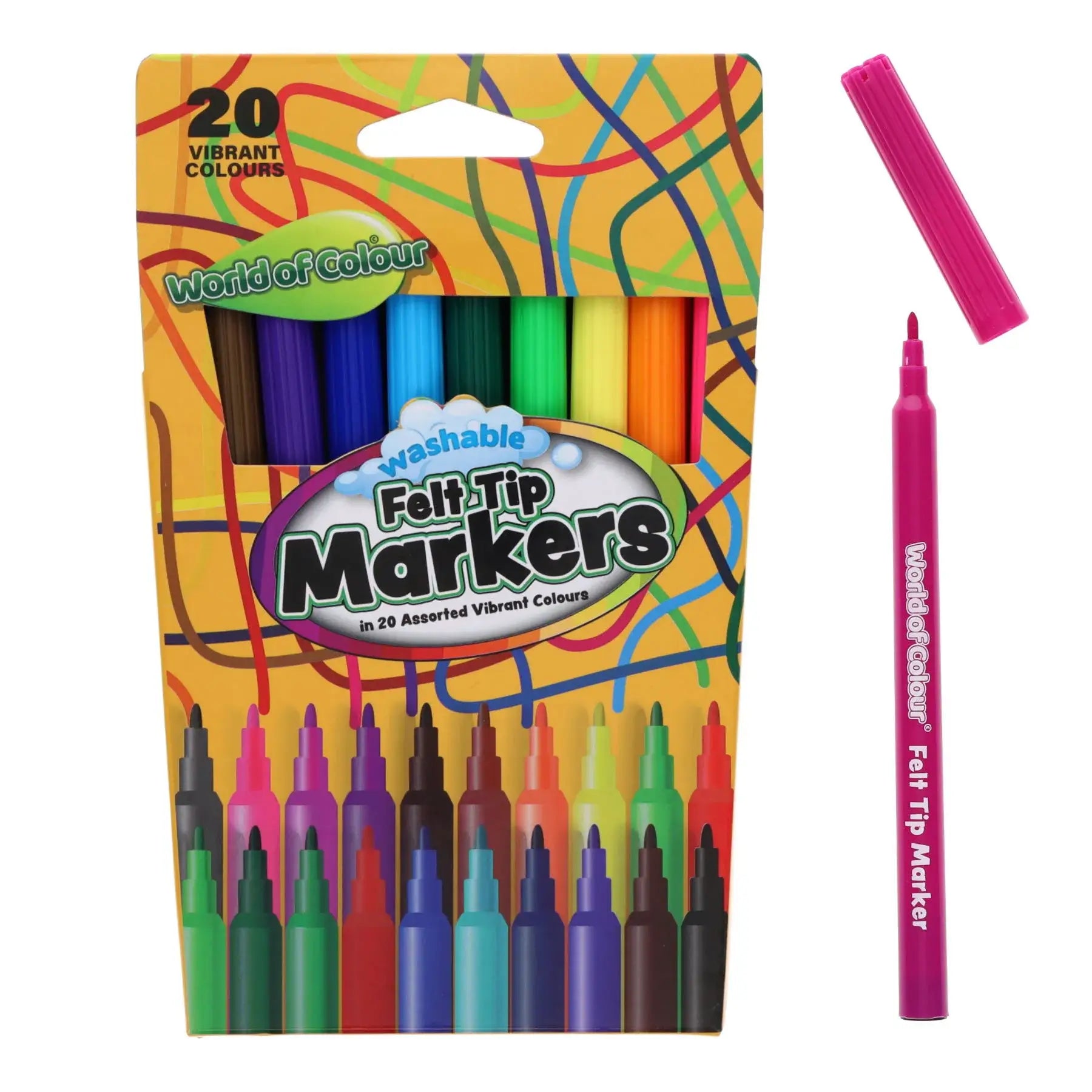 World of Wonder Washable Felt Tip Markers – 20 Vibrant Colours